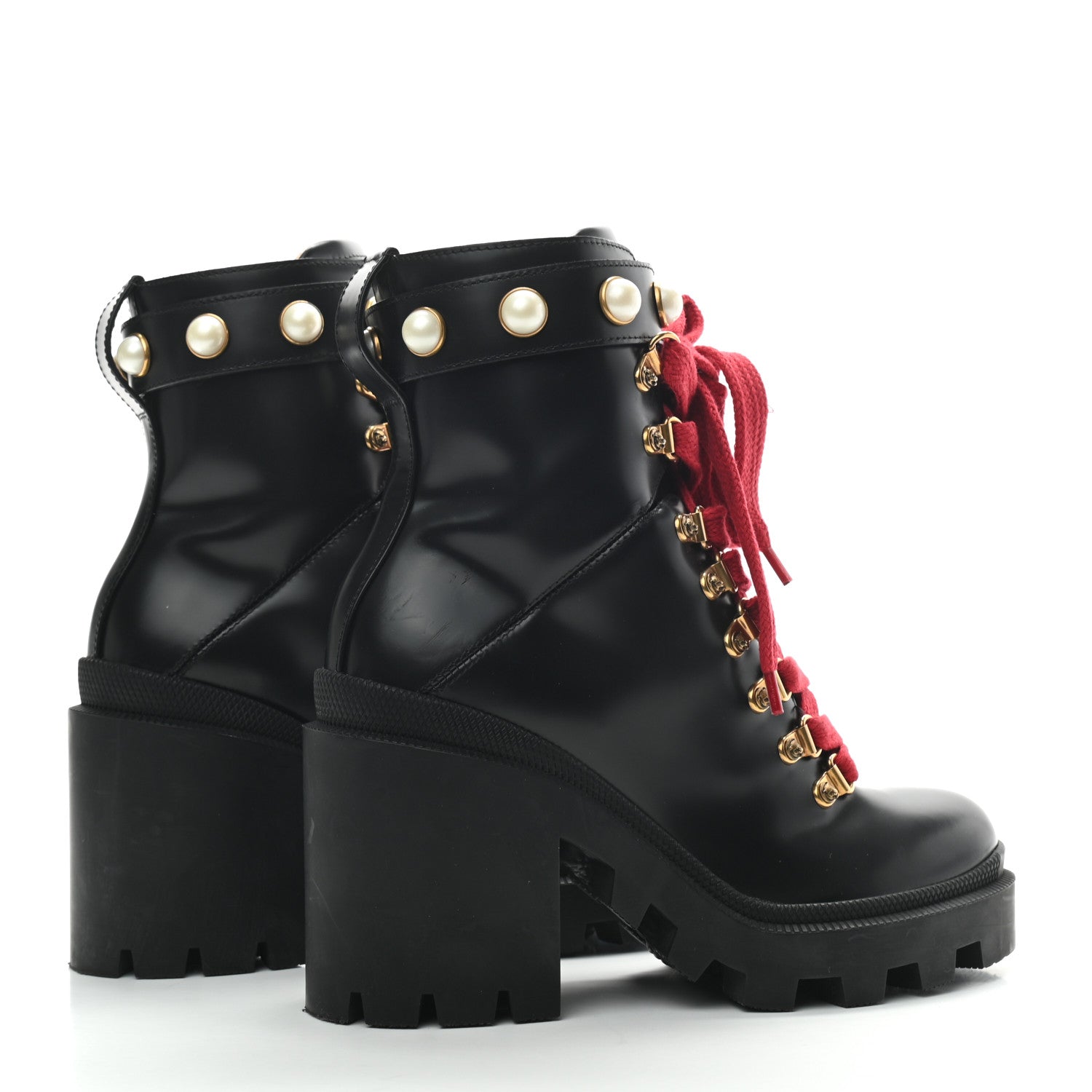 Gucci Magnum Calfskin Pearl Lace Up Combat Ankle Boots 35.5 Black 4 of 8