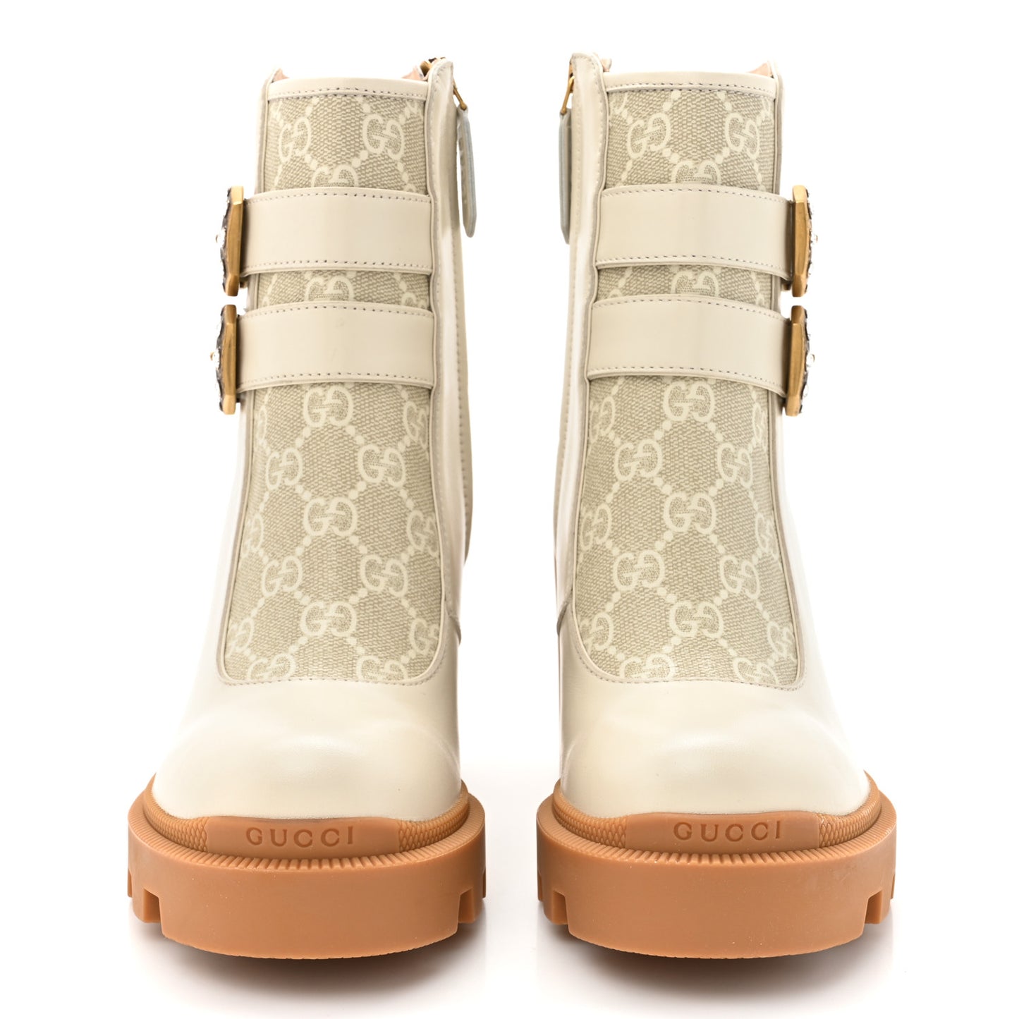 Kensington Calfskin Nappa GG Supreme Monogram Womens Double Buckle Ankle Boots 35 Mystic White Beige