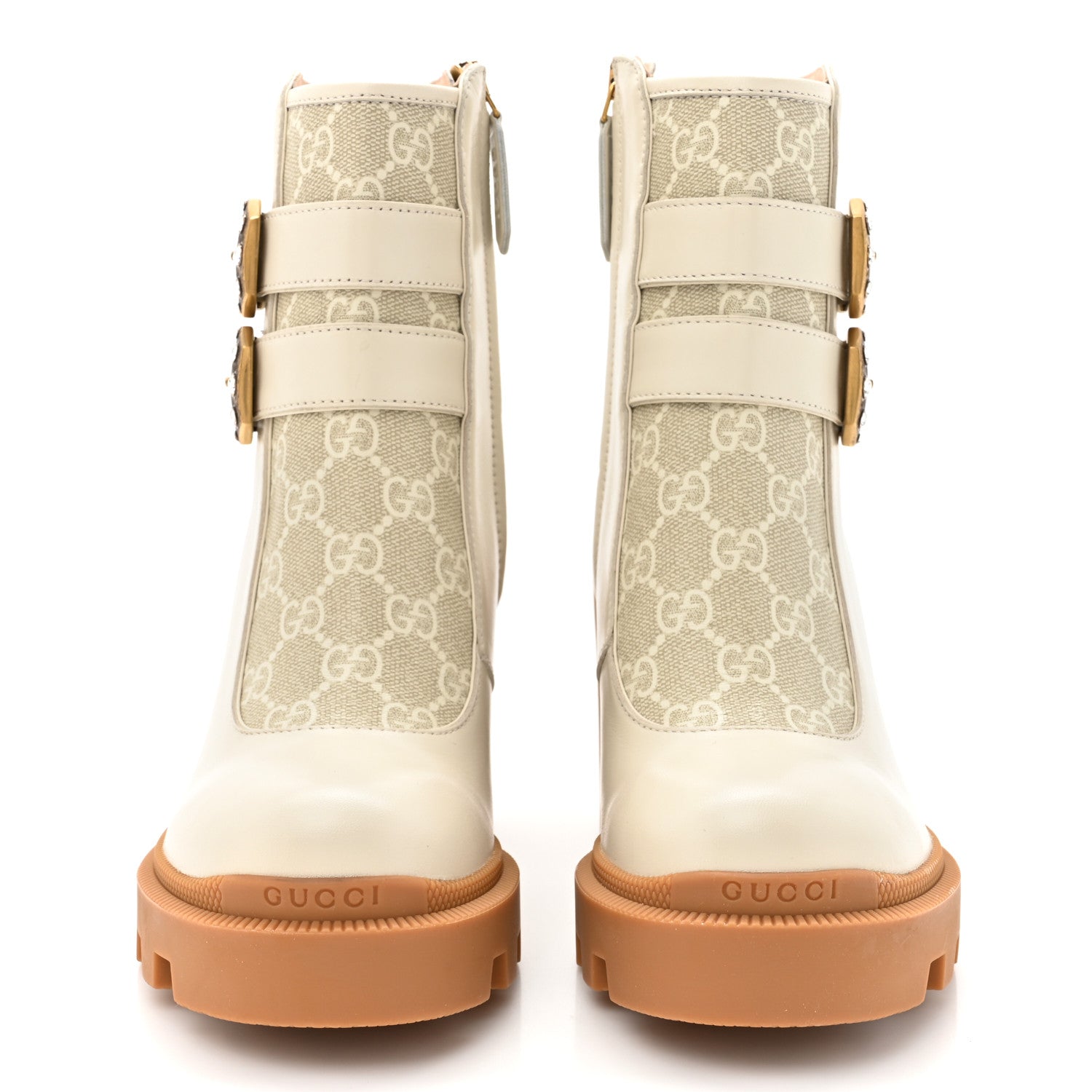 Gucci Kensington Calfskin Nappa GG Supreme Monogram Womens Double Buckle Ankle Boots 35 Mystic White Beige 2 of 10
