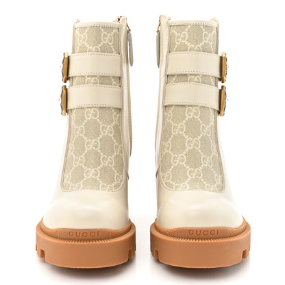 Gucci Kensington Calfskin Nappa GG Supreme Monogram Womens Double Buckle Ankle Boots 35 Mystic White Beige 2 of 10