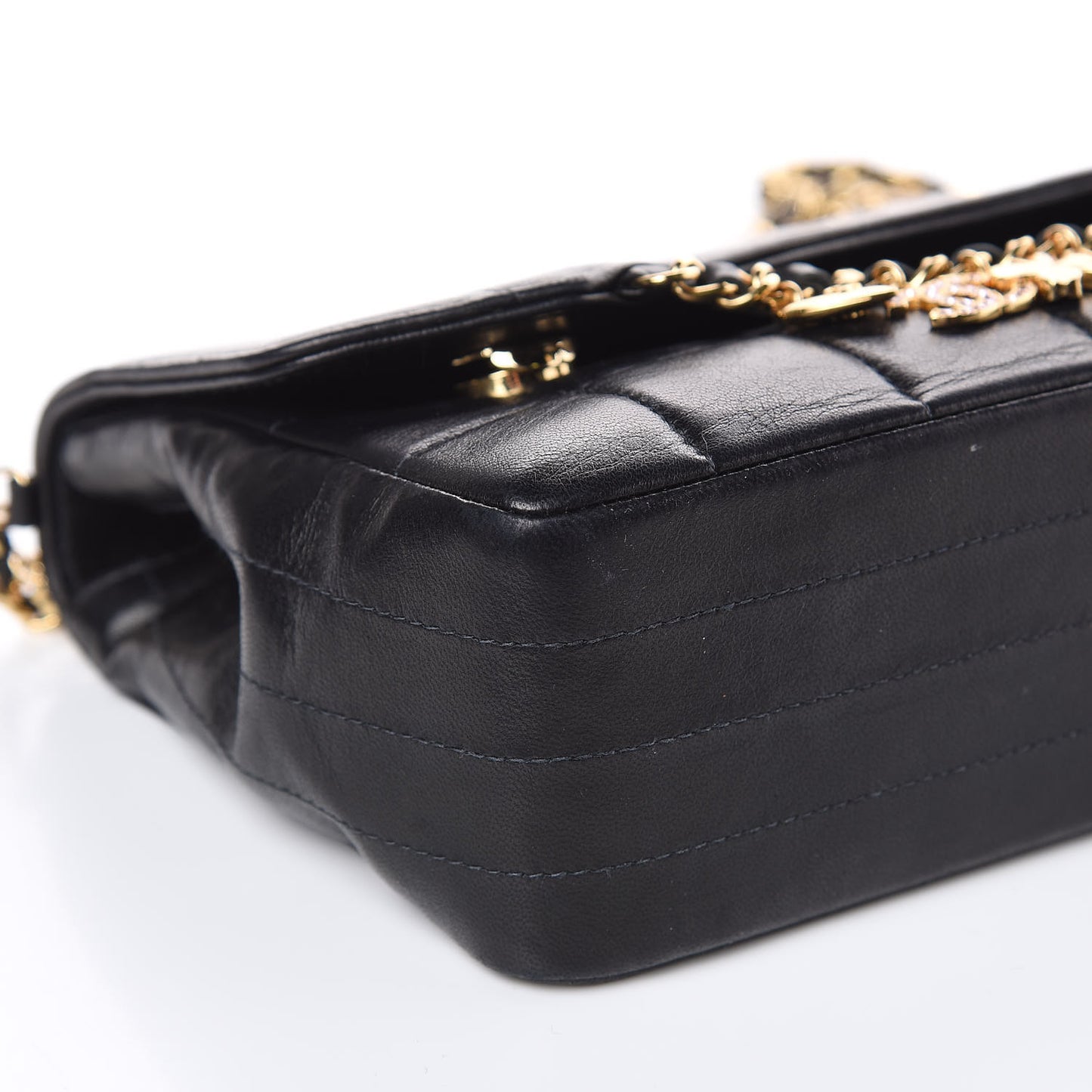 Lambskin Quilted Crystal Chocolate Bar Charm Flap Black