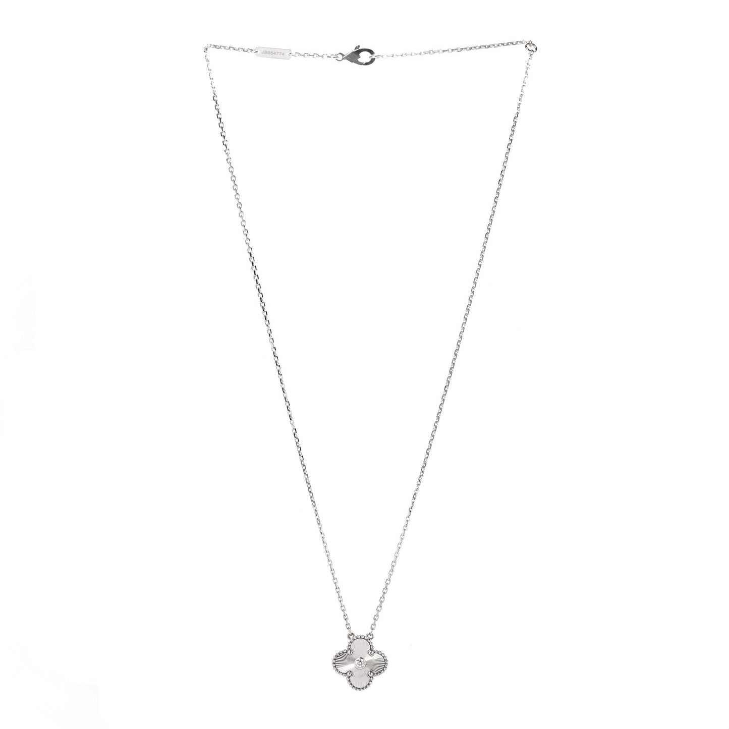 18K White Gold Diamond Guilloche Vintage Alhambra Pendant Necklace
