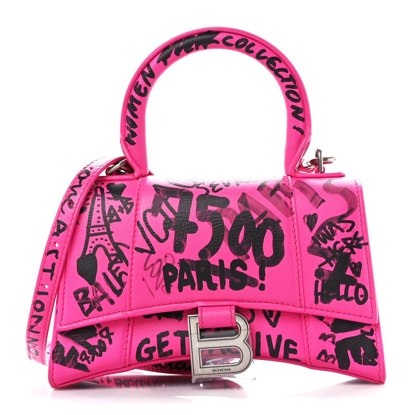 Smooth Calfskin Graffiti Hourglass Top Handle Bag XS Acid Fuchsia Black
