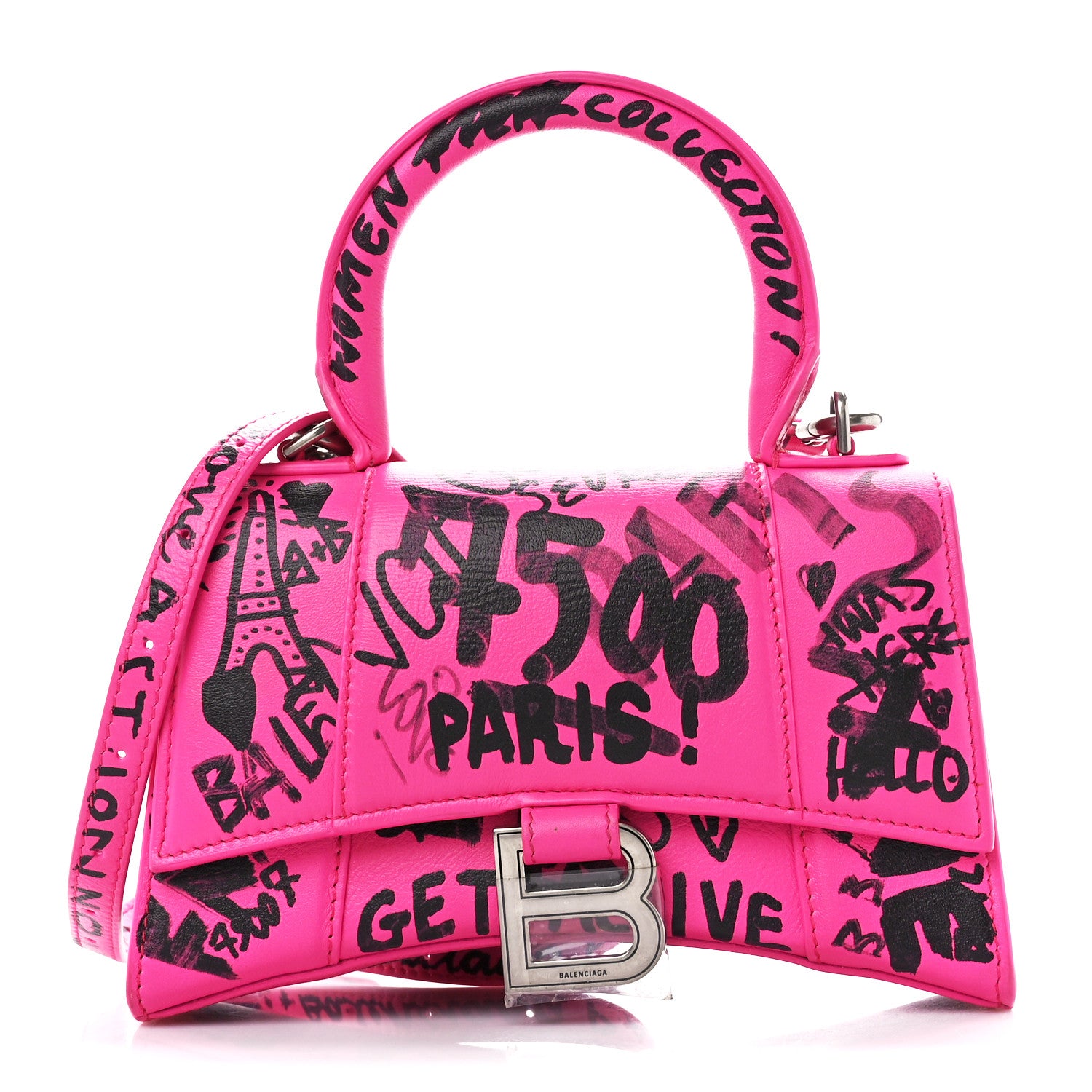 Balenciaga Smooth Calfskin Graffiti Hourglass Top Handle Bag XS Acid Fuchsia Black 1 of 10