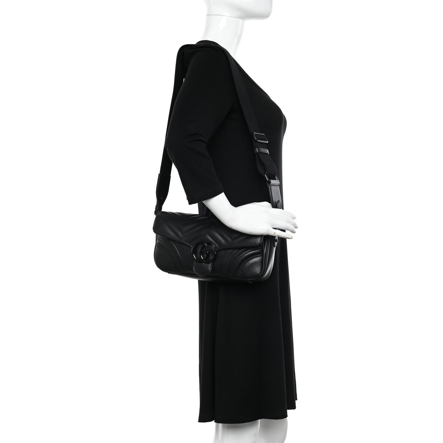 Gucci Calfskin Matelasse Monochrome GG Marmont Crossbody Shoulder Bag Black 2 of 12