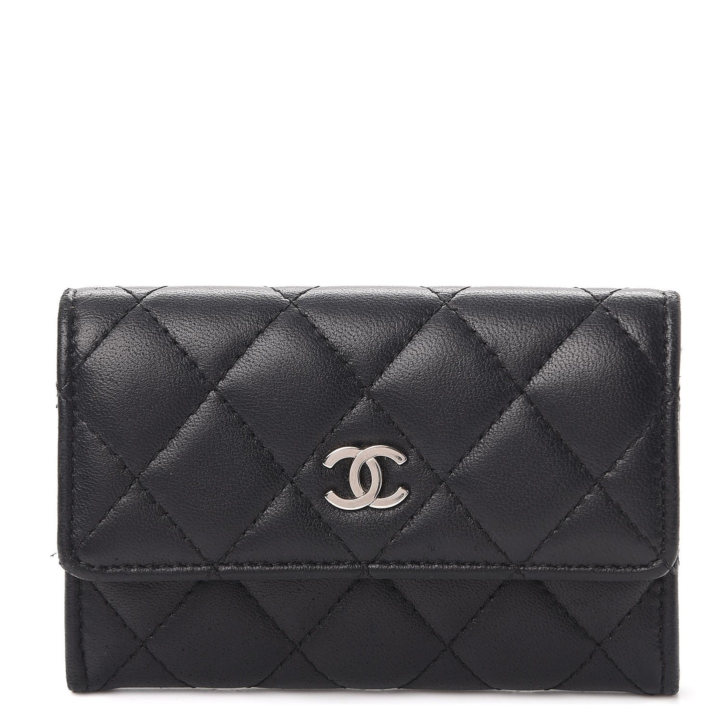 Lambskin Quilted Flap Card Holder Black