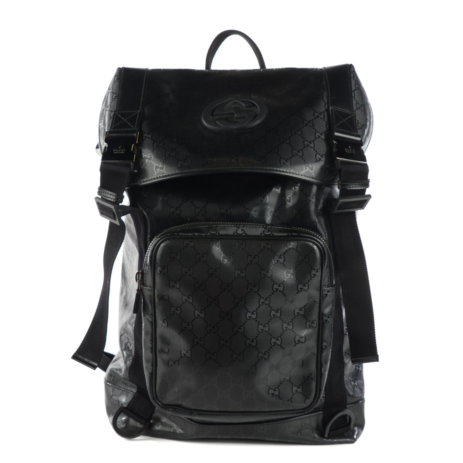 Gucci Imprime Monogram Interlocking G Double Buckle Backpack Black 1 of 7