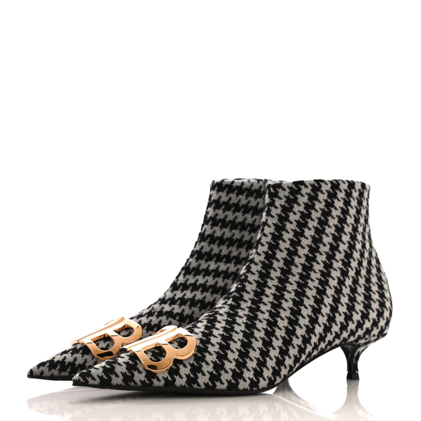 Wool Houndstooth BB Pointy Toe Ankle Booties 39 Black Ivory