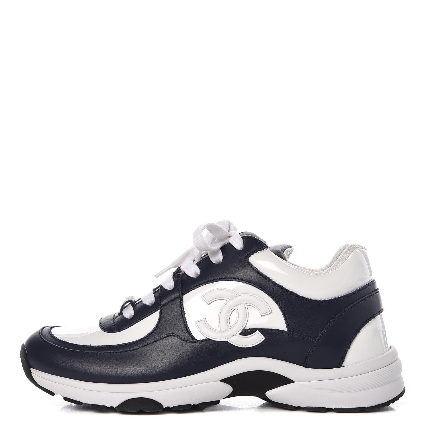 Chanel Patent Calfskin CC Sneakers 37.5 Navy White 1 of 11