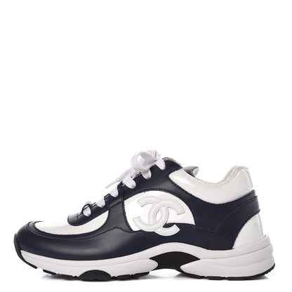 Chanel Patent Calfskin CC Sneakers 37.5 Navy White 1 of 11