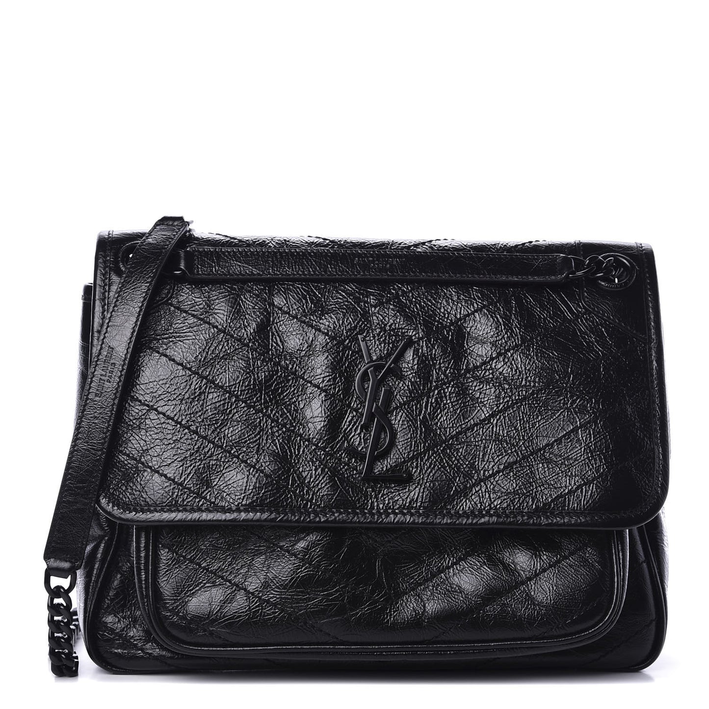 Crinkled Calfskin Matelasse Monogram Medium Niki Chain Satchel Black