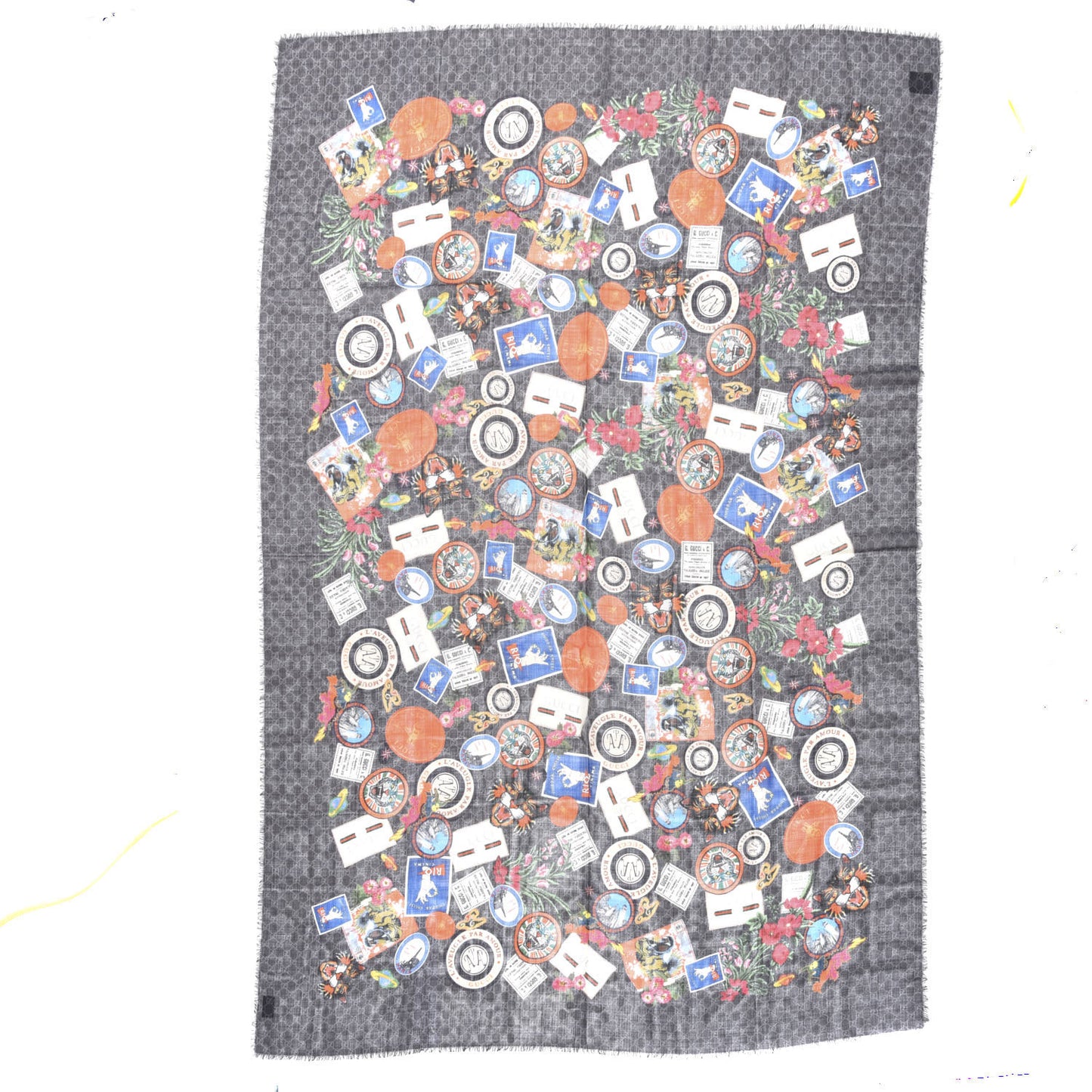 Wool Monogram Courrier Fringe Shawl Black Light Grey