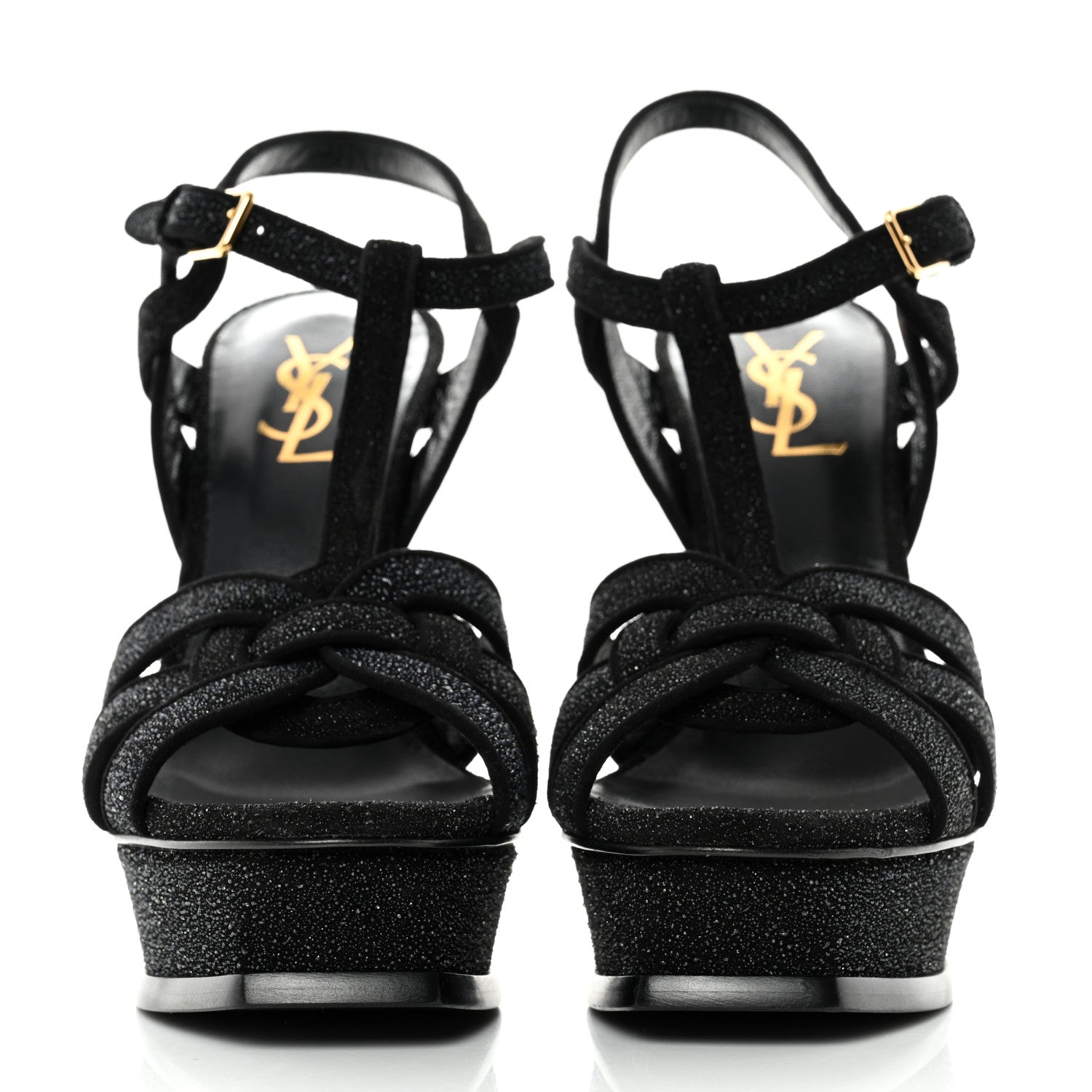 Saint Laurent Glitter Effect Calfskin Tribute 105 Platform Sandals 37.5 Black 1 of 8