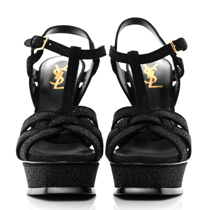 Saint Laurent Glitter Effect Calfskin Tribute 105 Platform Sandals 37.5 Black 1 of 8