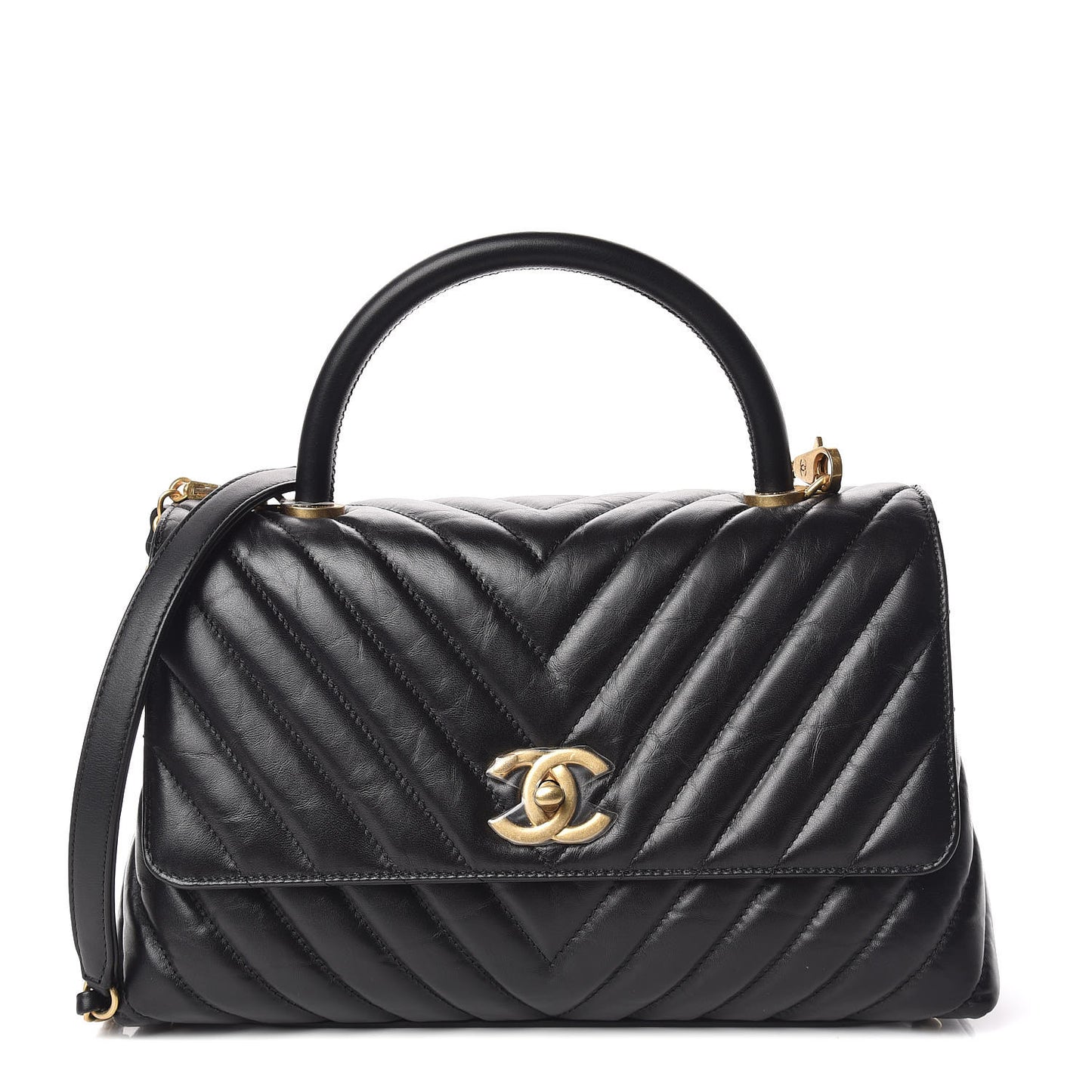 Calfskin Chevron Quilted Small Coco Handle Flap Black