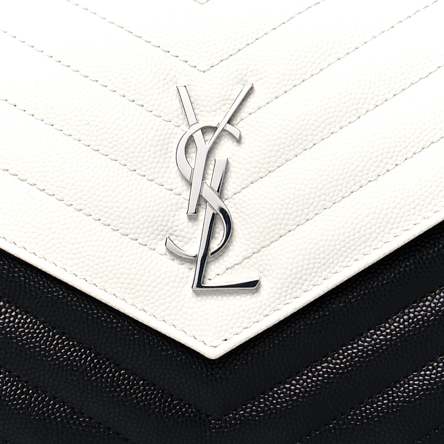 Saint Laurent Grain De Poudre Matelasse Chevron Monogram Envelope Chain Wallet Pearl White Black 8 of 10