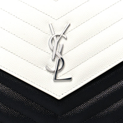 Saint Laurent Grain De Poudre Matelasse Chevron Monogram Envelope Chain Wallet Pearl White Black 8 of 10
