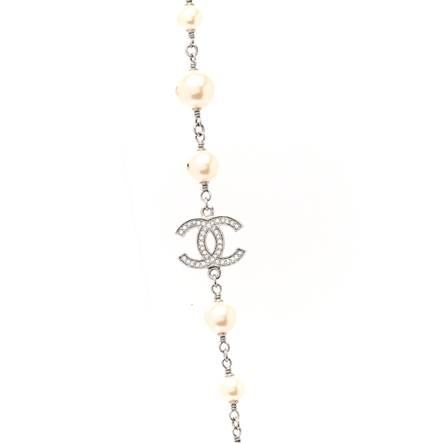 Chanel Graduated Pearl Crystal CC Long Necklace Silver 4 of 7
