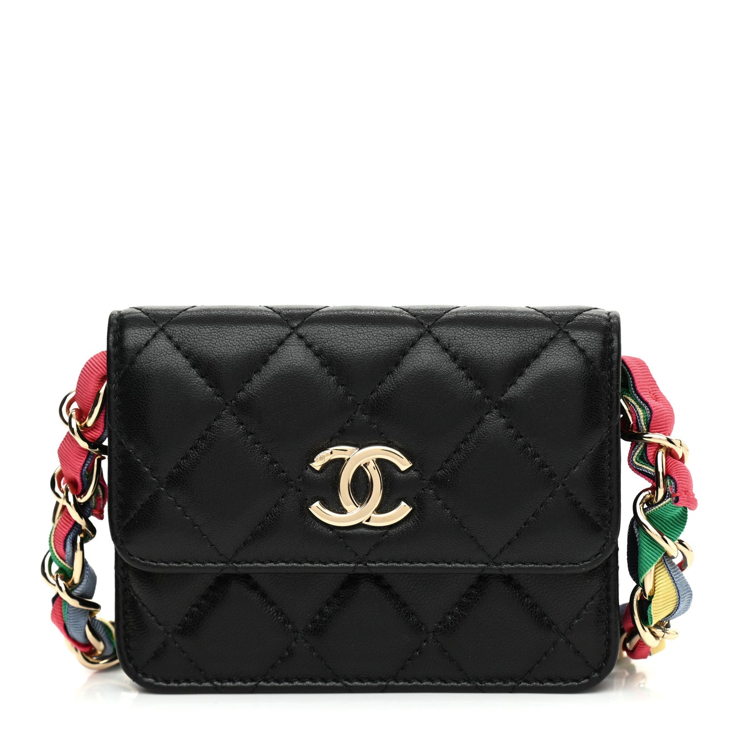 Shiny Lambskin Ribbon Quilted Flap Belt Bag Black