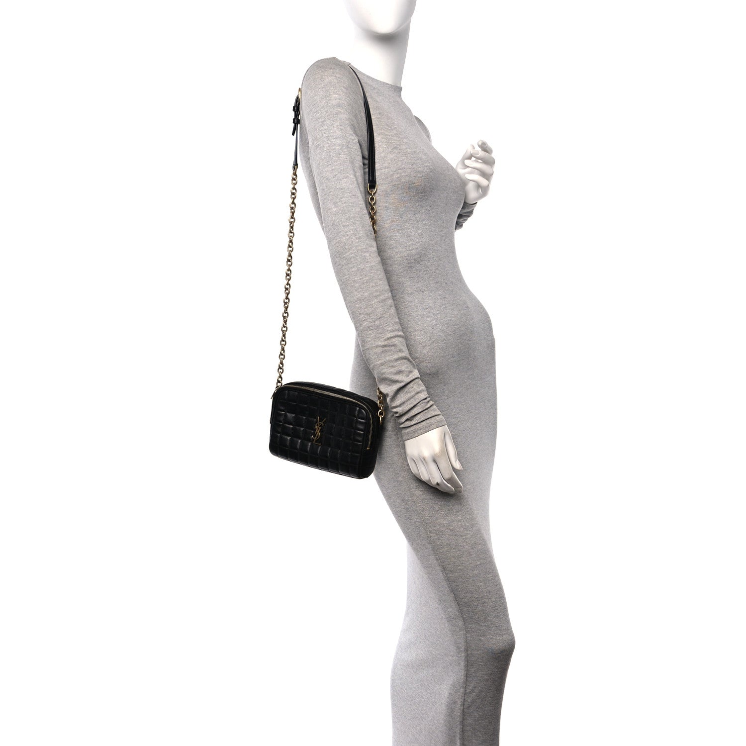 Saint Laurent Grain De Poudre Mixed Matelasse Triquilt Monogram Chain Wallet Dark Beige 2 of 11