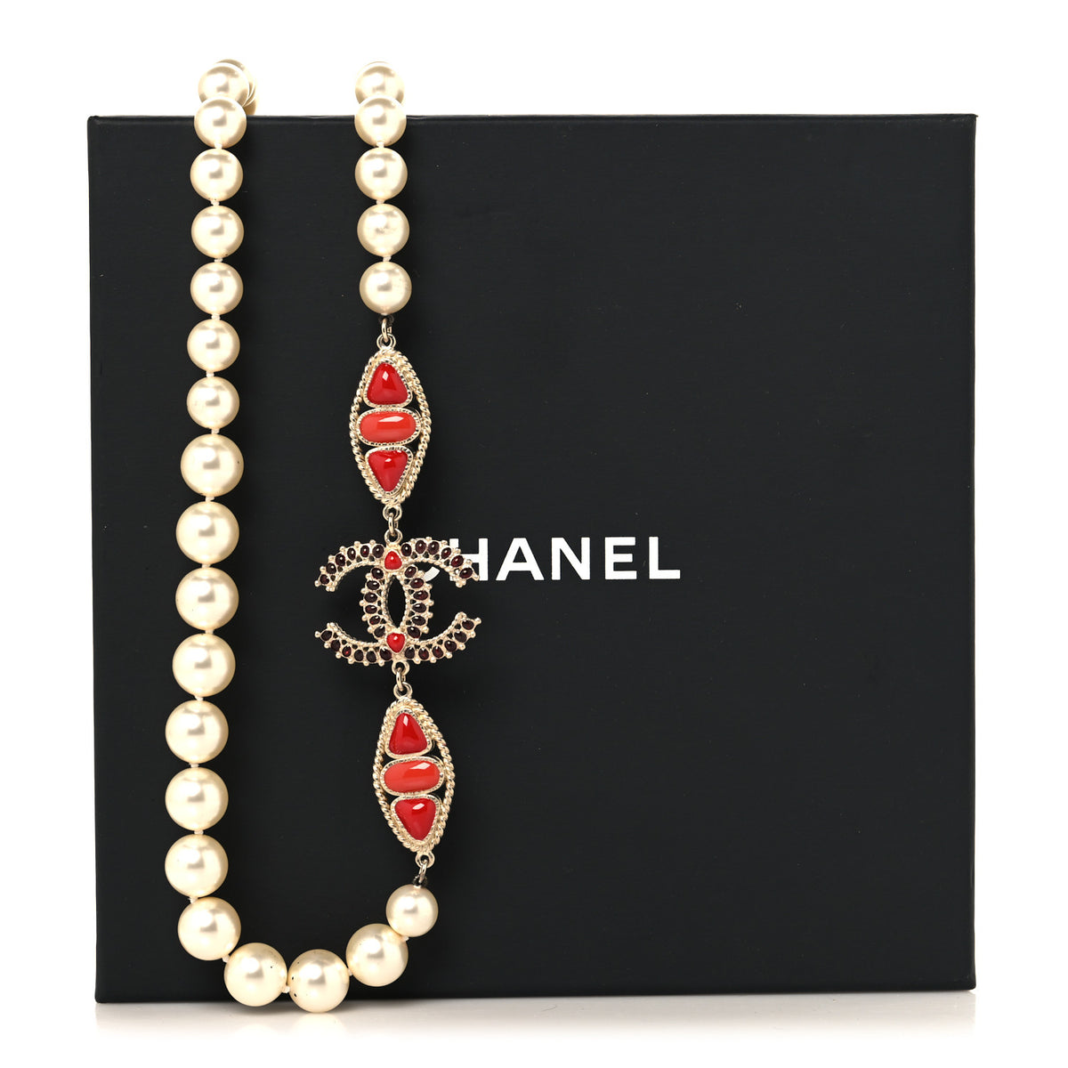 Chanel Pearl Gripoix CC Long Strand Necklace Gold Red 5 of 5