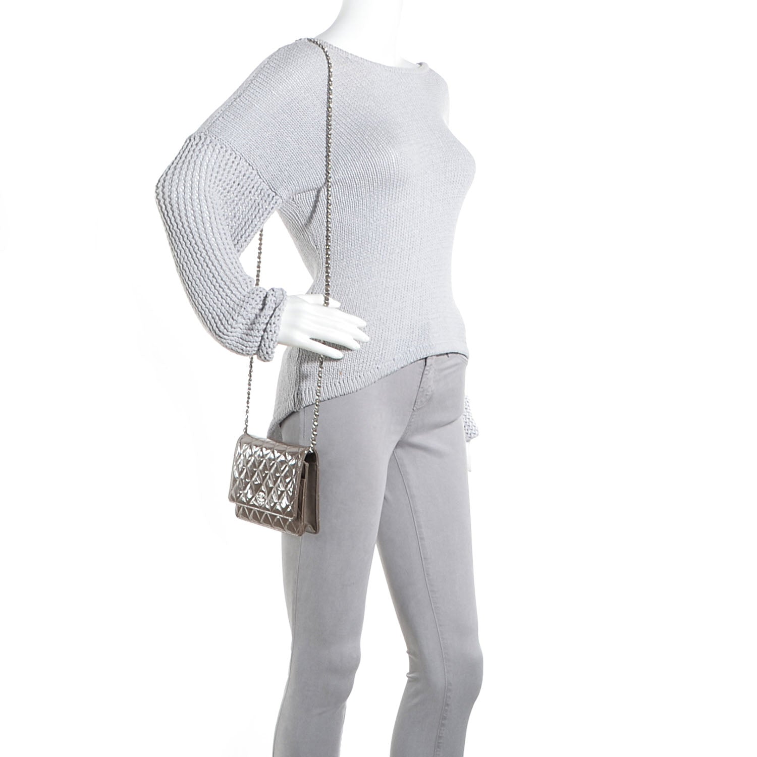 Chanel Patent Quilted Wallet On Chain WOC Grey 2 of 9