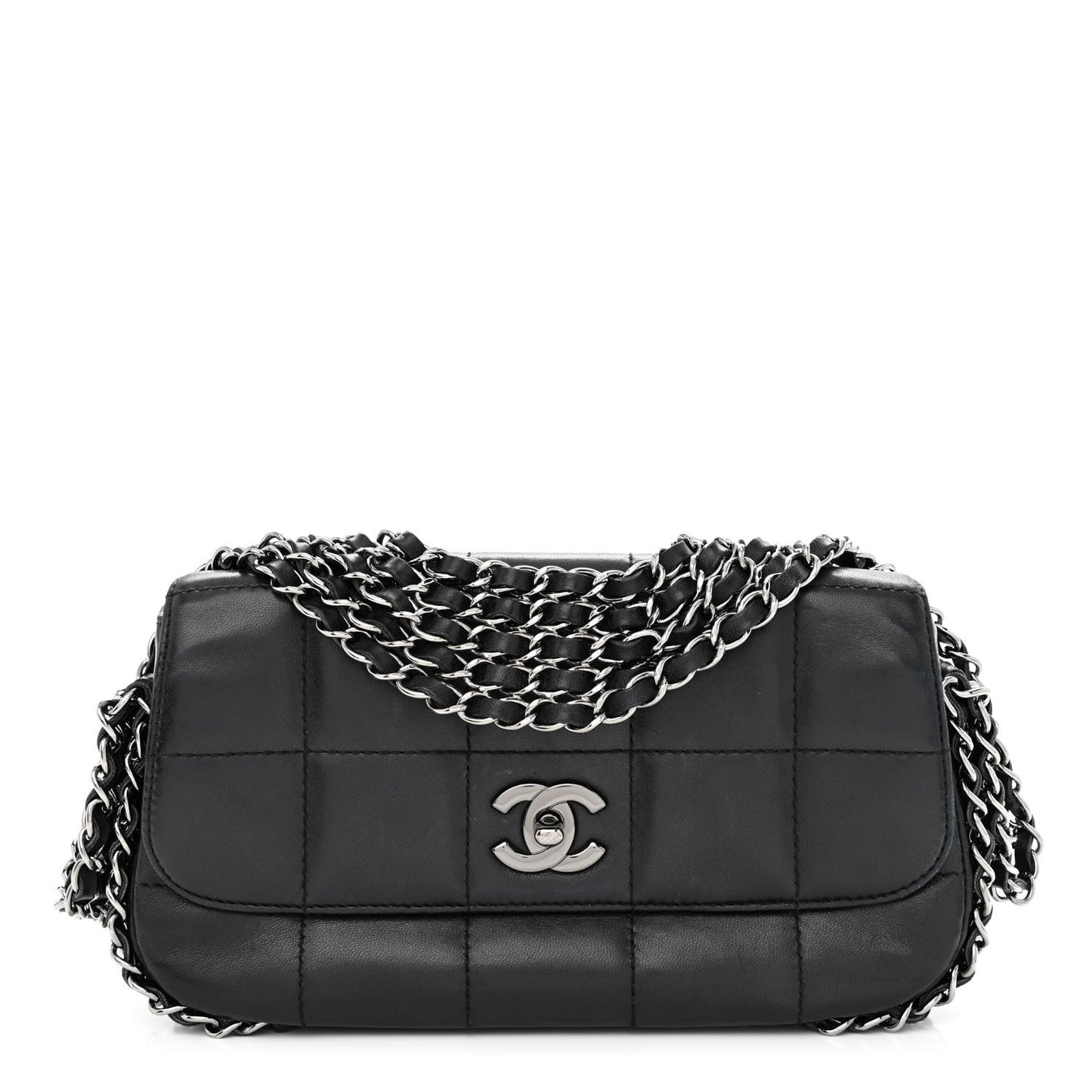 Lambskin Square Quilted 5 Chain Flap Black