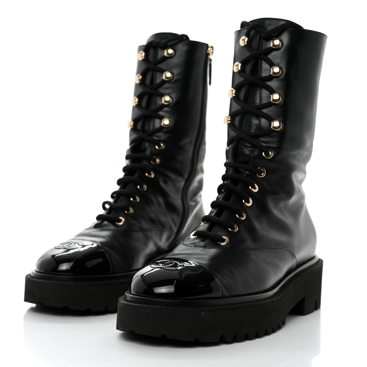 Calfskin Patent Cap Toe Lace Up Combat Boots 41 Black