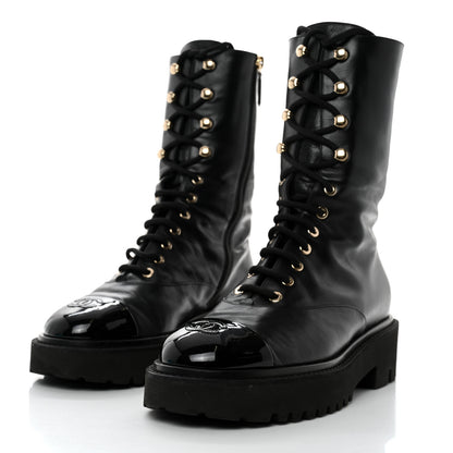 Chanel Calfskin Patent Cap Toe Lace Up Combat Boots 41 Black 3 of 8