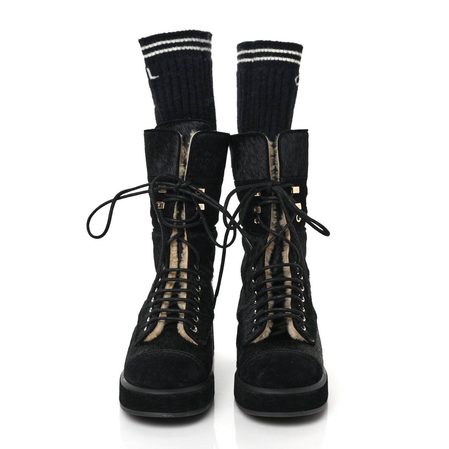 Suede Pony Hair Shearling Lace Up Combat Boots 38.5 Black White