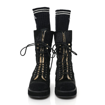 Chanel Suede Pony Hair Shearling Lace Up Combat Boots 38.5 Black White 2 of 7