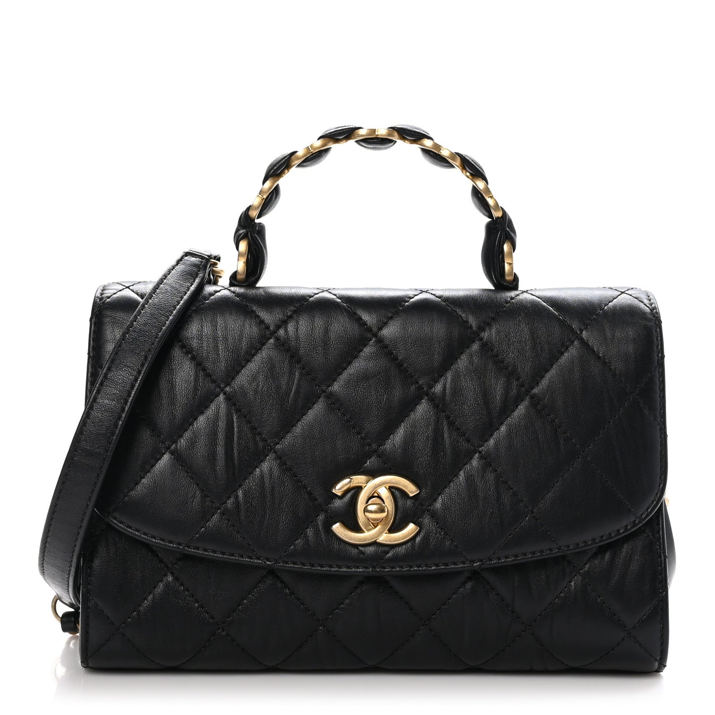 Crumpled Lambskin Quilted Small CC Links Top Handle Flap Black