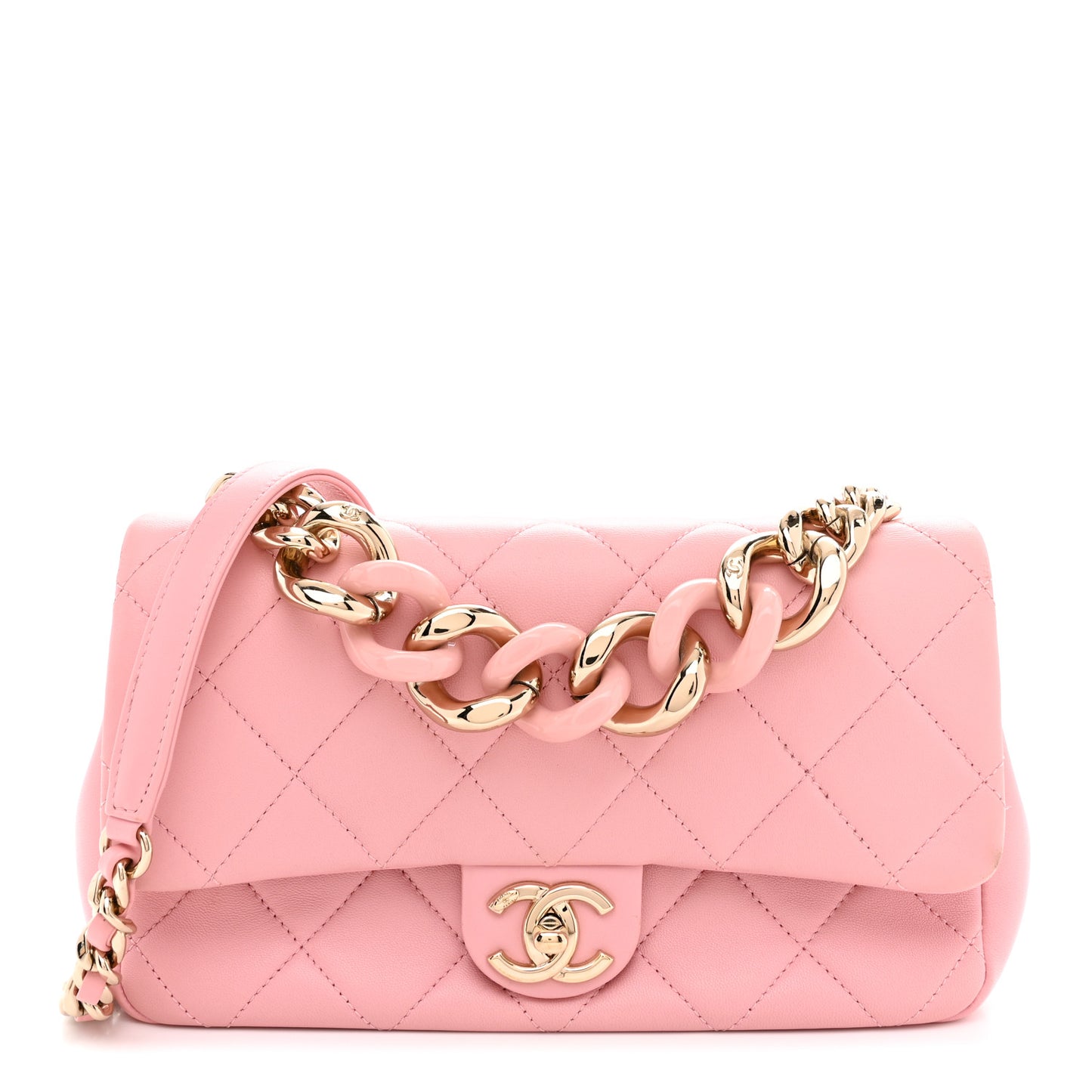 Lambskin Quilted Resin Bi-Color Chain Flap Bag Pink