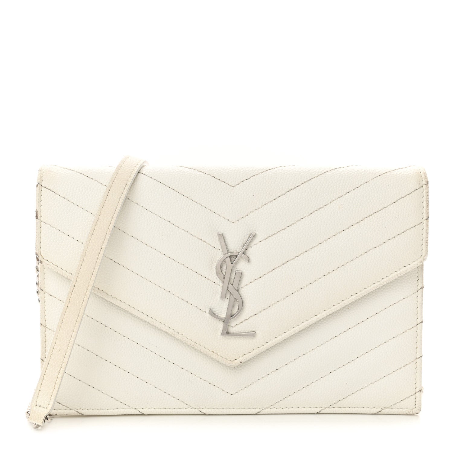 Saint Laurent Grain De Poudre Matelasse Chevron Monogram Envelope Chain Wallet Optical White 1 of 20