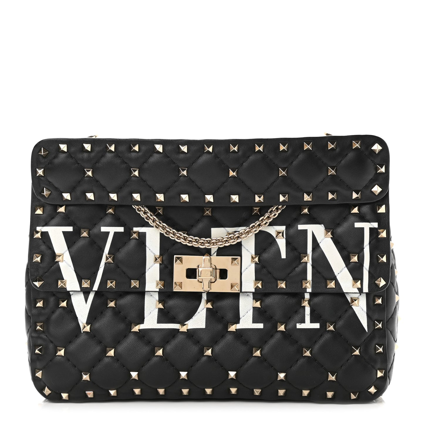 Lambskin VLTN Print Medium Rockstud Spike Shoulder Bag Black