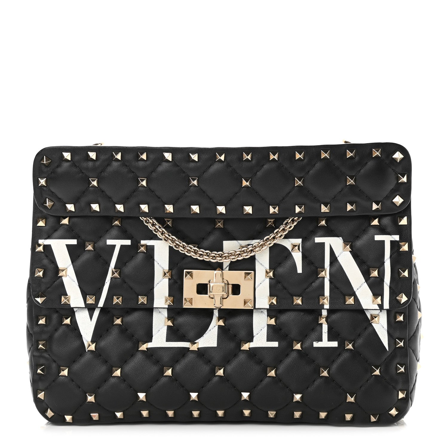 Valentino Garavani Lambskin VLTN Print Medium Rockstud Spike Shoulder Bag Black 1 of 10