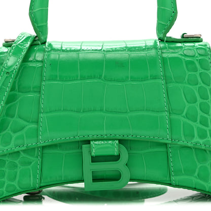 Balenciaga Shiny Calfskin Crocodile Embossed Hourglass Top Handle Bag XS Vivid Green 8 of 10