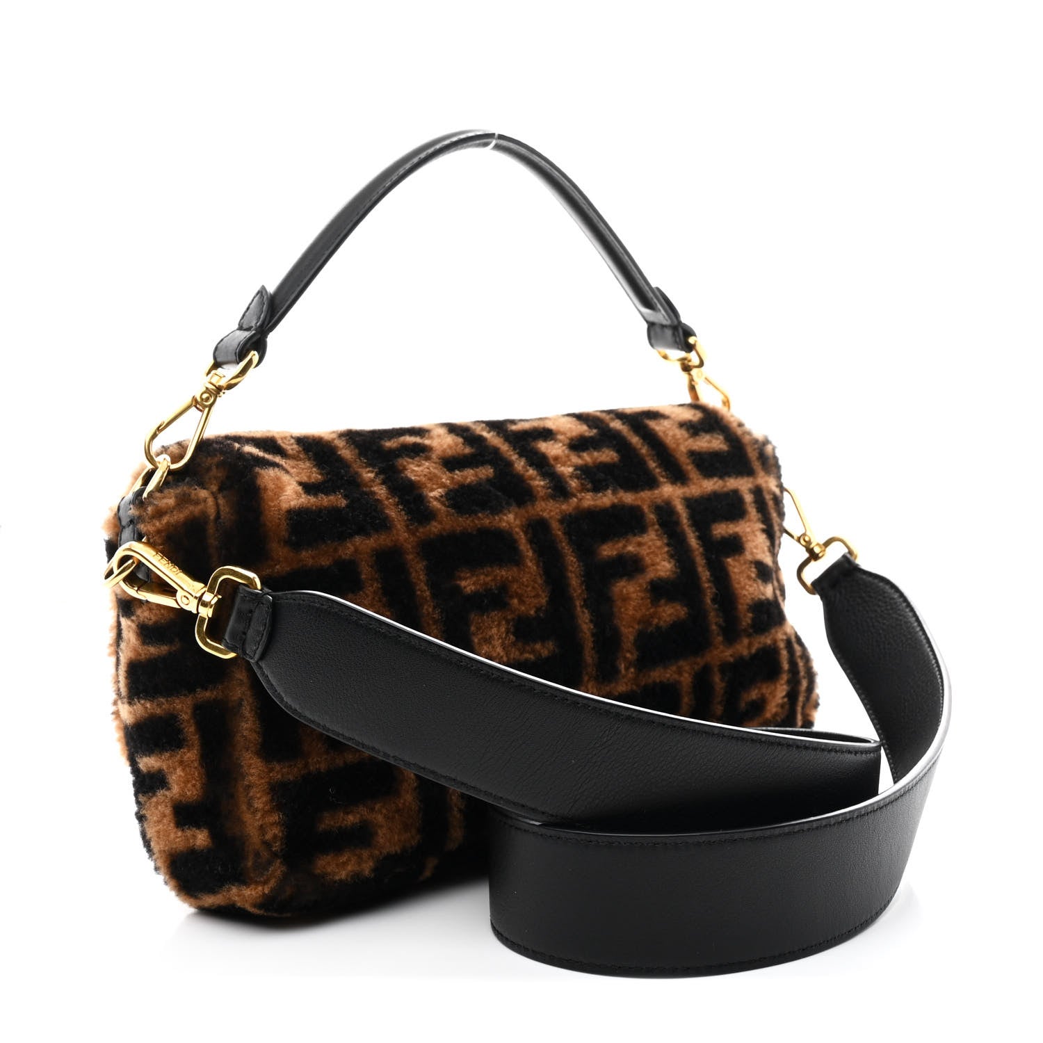 Fendi Shearling Vitello Dolce Macro FF 1974 Baguette Tobacco Black