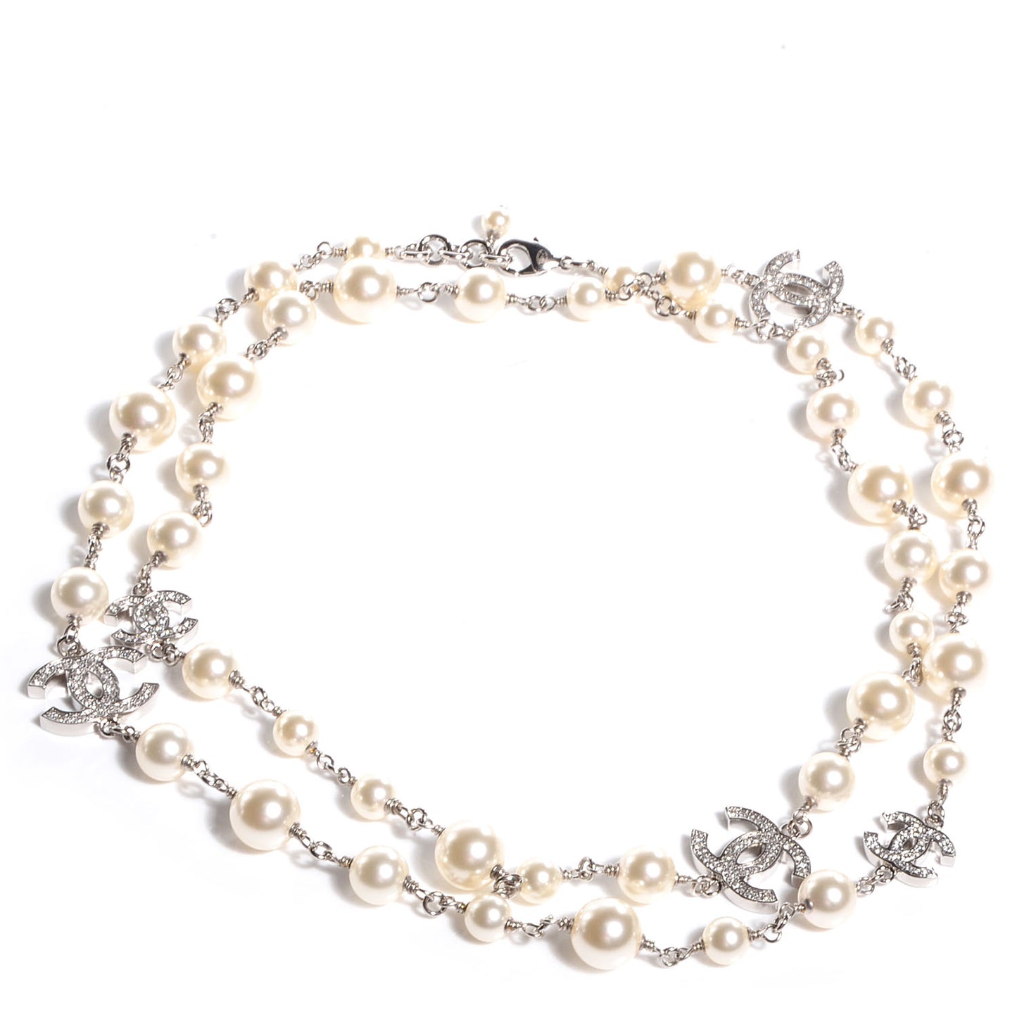 Crystal Pearl CC Long Necklace Silver