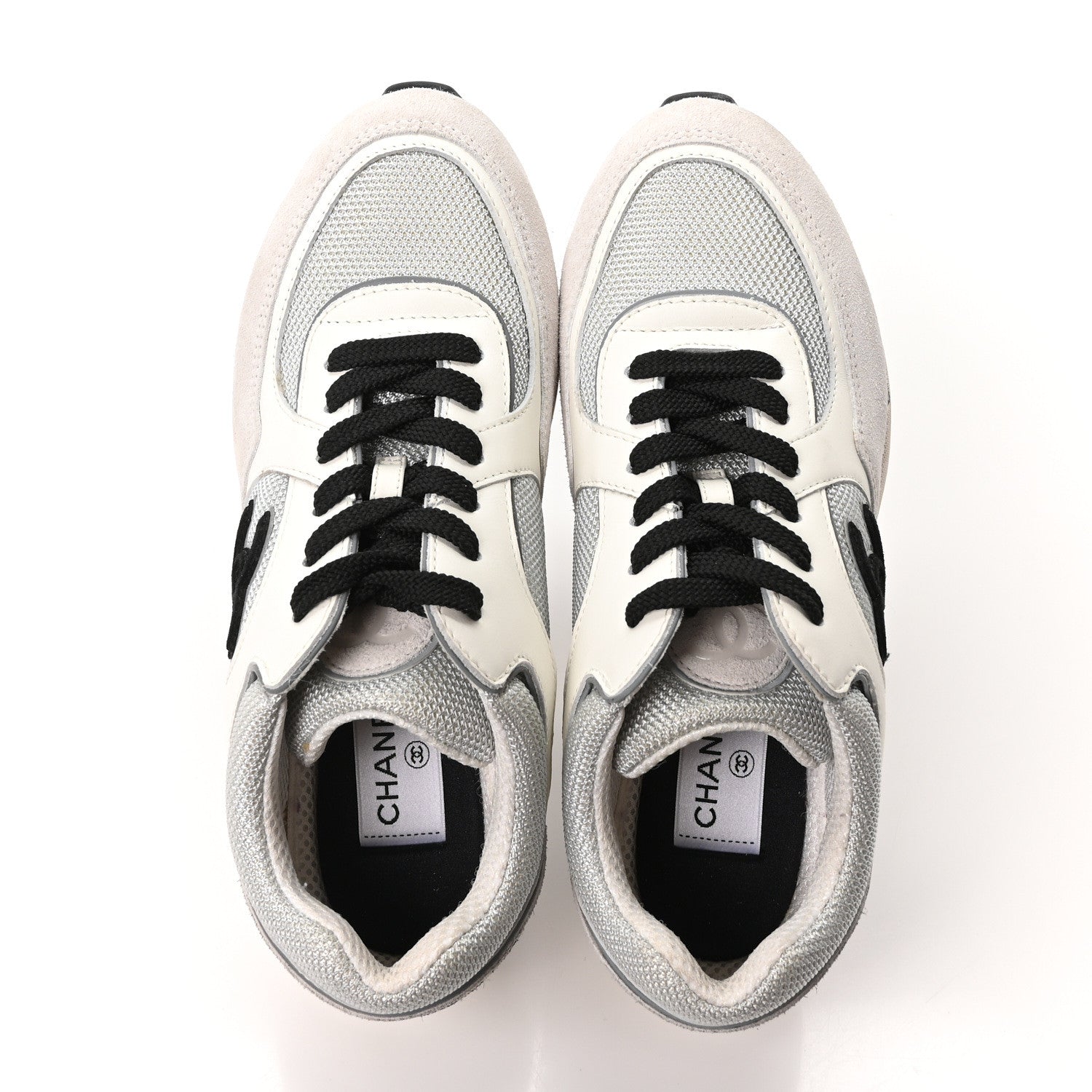 Chanel Mesh Suede Calfskin Grained Calfskin Womens CC Sneakers 37.5 White Silver Light Grey 2 of 8