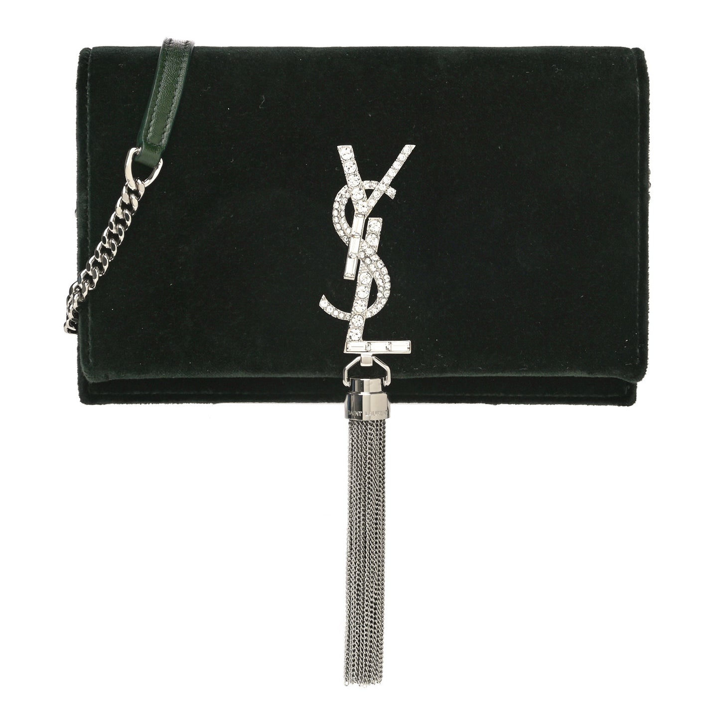 Velvet Crystal Monogram Tassel Chain Wallet Green