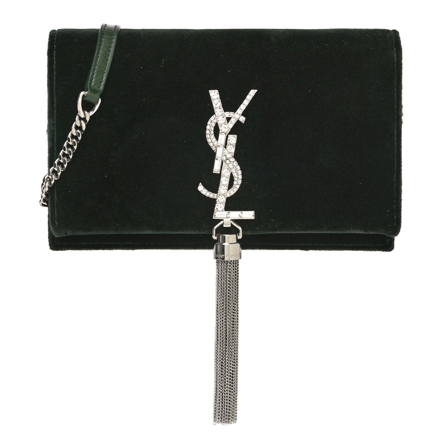 Saint Laurent Velvet Crystal Monogram Tassel Chain Wallet Green 1 of 13