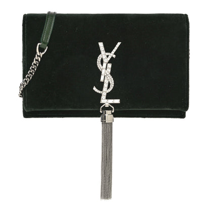 Saint Laurent Velvet Crystal Monogram Tassel Chain Wallet Green 1 of 13