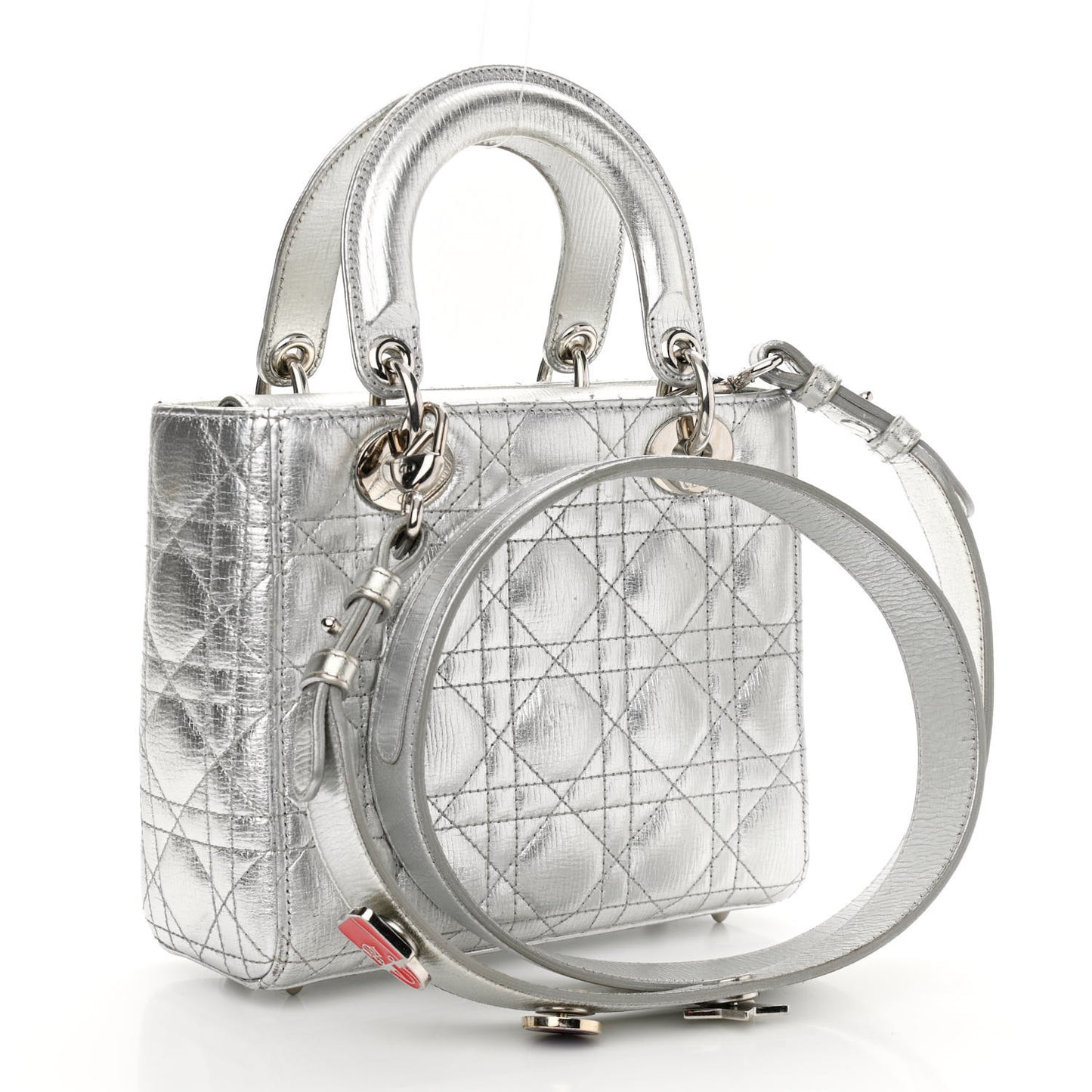 Metallic Grained Calfskin Cannage Small Lucky Badges My Lady Dior Silver
