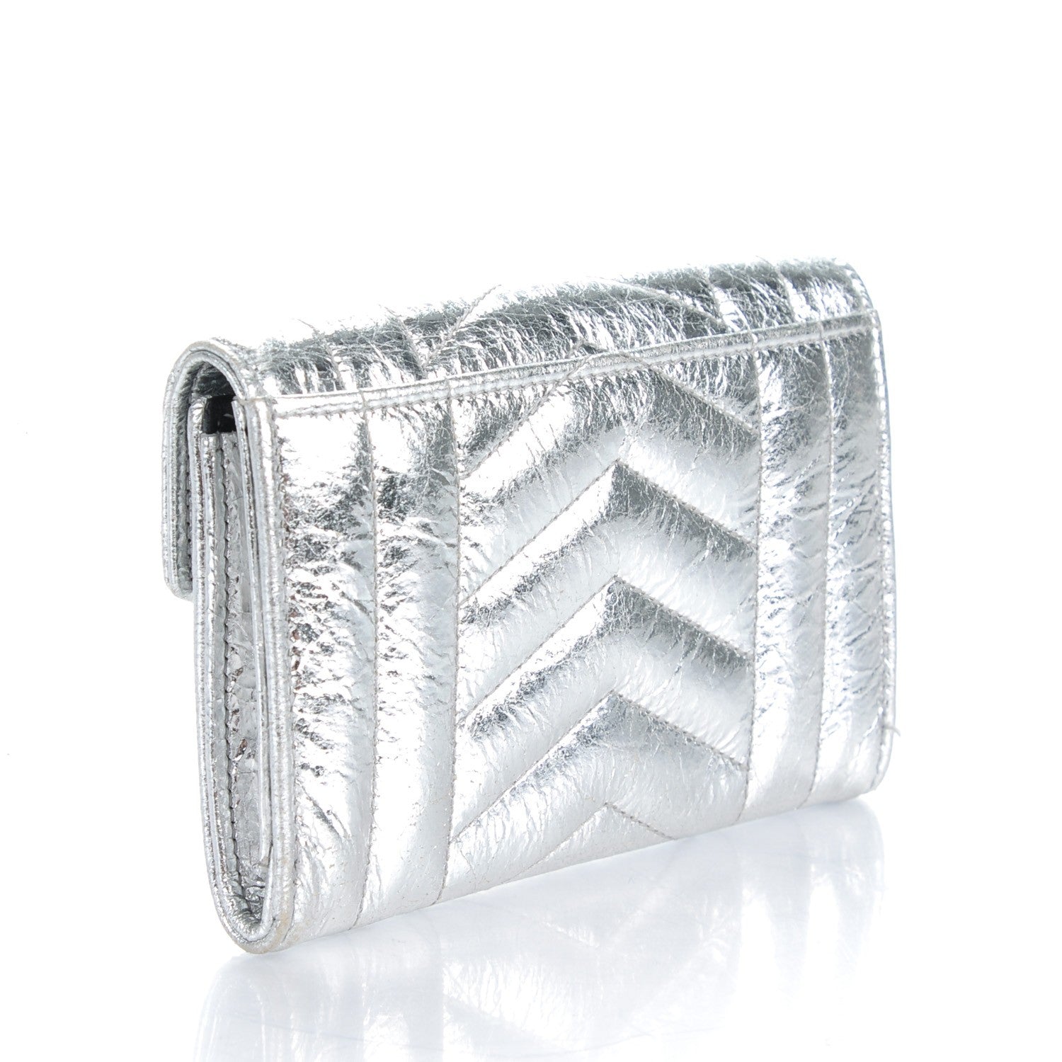 Saint Laurent Metallic Goatskin Mixed Matelasse Chevron Small Monogram Envelope Wallet Silver 3 of 9