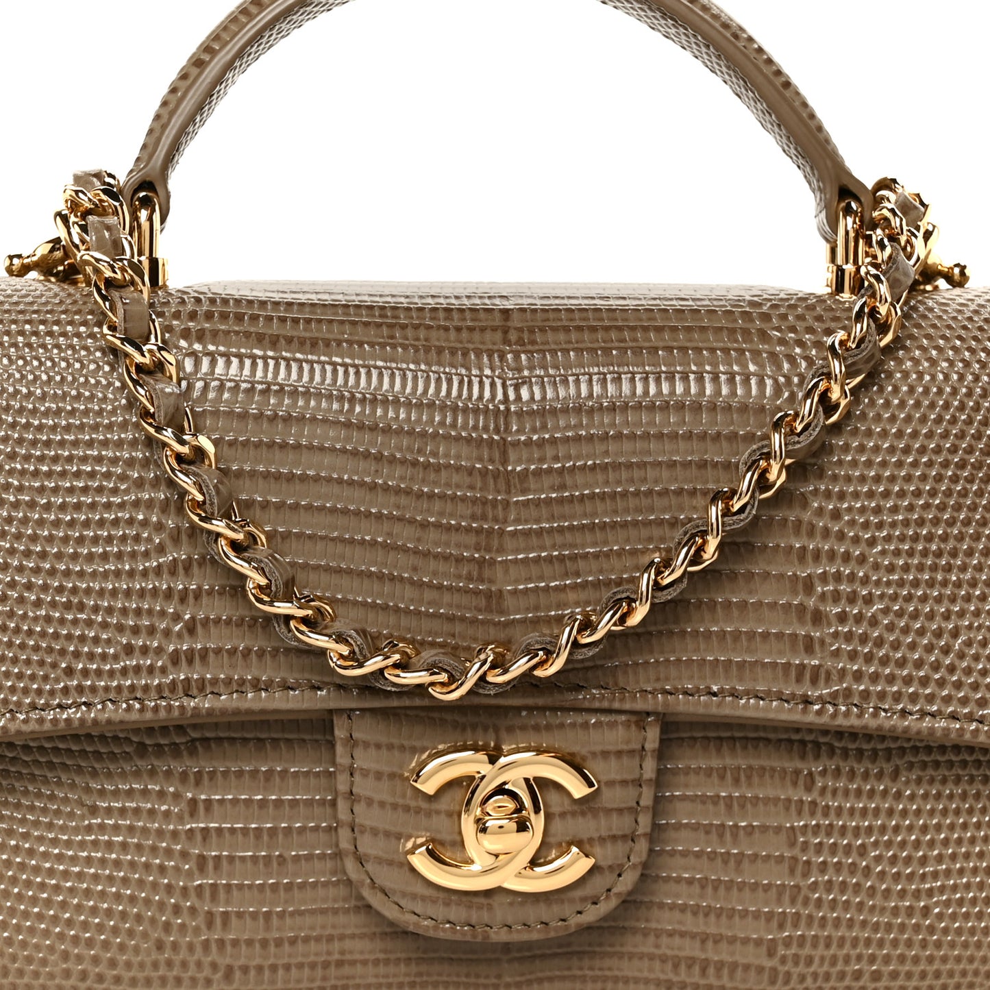 Calfskin Lizard Embossed Clutch With Chain Dark Khaki Dark Khaki