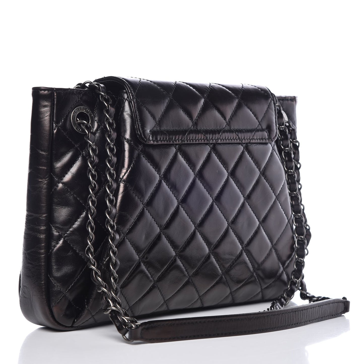 Glazed Calfskin Quilted Accordion Flap Black