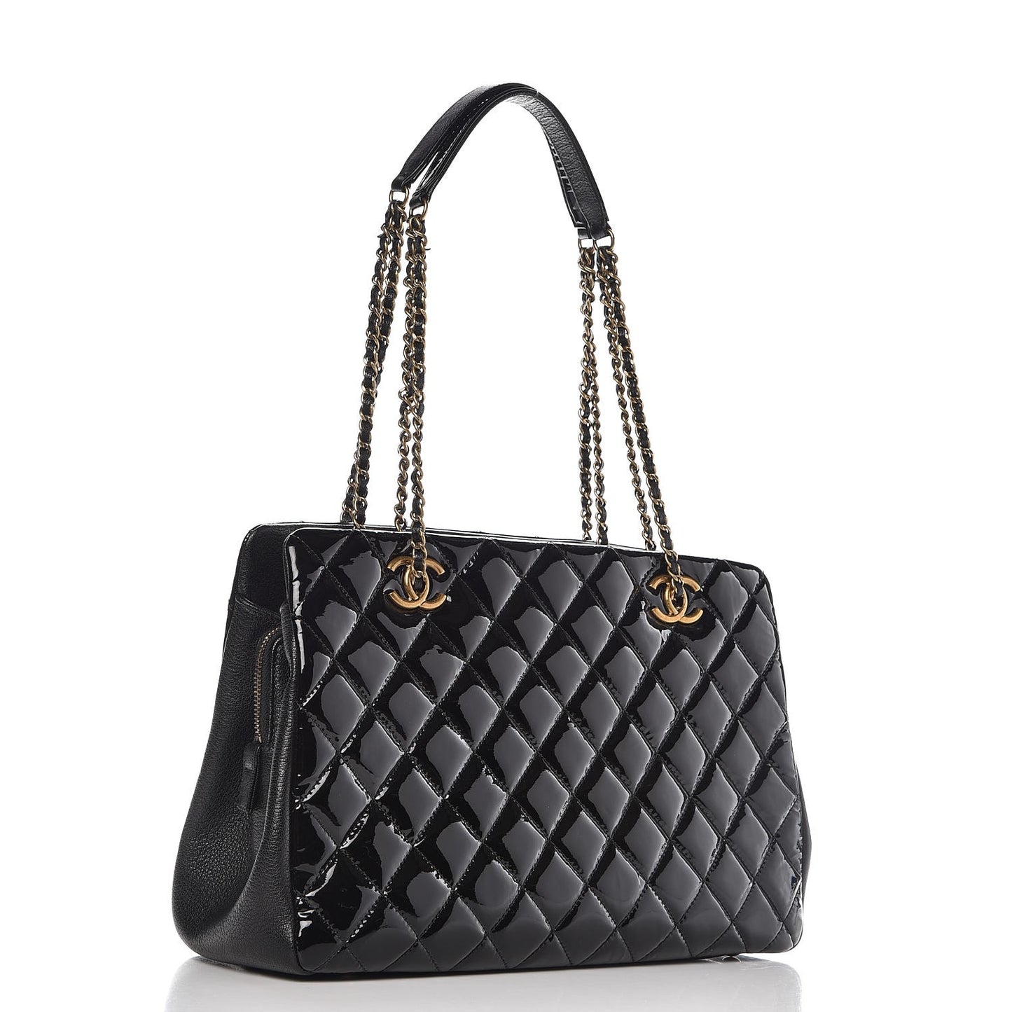 Patent Goatskin Quilted Small CC Eyelet Tote Black