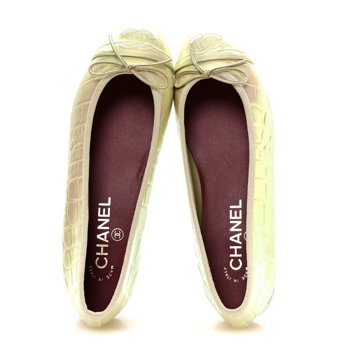 Chanel Iridescent Calfskin Crocodile Embossed Cap Toe CC Ballerina Flats 37.5 Yellow 2 of 9