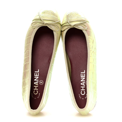 Chanel Iridescent Calfskin Crocodile Embossed Cap Toe CC Ballerina Flats 37.5 Yellow 2 of 9